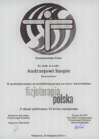 Fizjoterapia Polska - podziękowania za wieloletnią pracę dla dr. hab. Andrzeja Szopy z NEUROmed sc