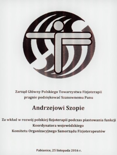 Dr hab. Andrzej Szopa z NEUROmed sc - podziękowania Polskiego Towarzystwa Fizjoterapii