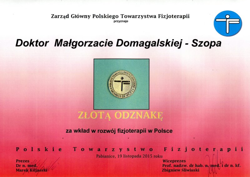 Złota Odznaka dr hab. Małgorzata Domagalska-Szopa z NEUROmed sc
