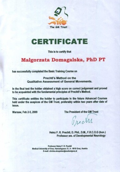 Certyfikat potwierdzający kwalifikacje dr hab. Małgorzaty Domagalskiej-Szopy - Prechtl's Method